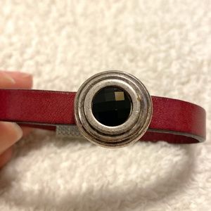 Red Leather Bracelet with Black Rhinestone Accent